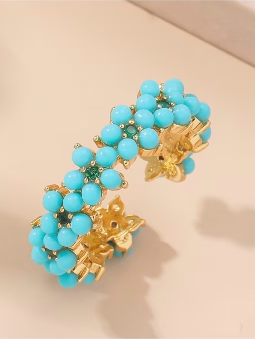 Western Gold-Tone Turquoise Beaded Floral Ring - Cuff Ring